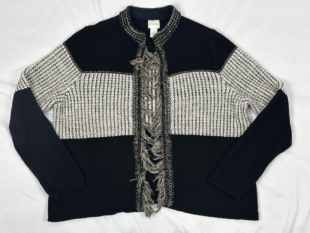 CHICO'S Colorblock Knit Arlene Open Cardigan Sweater Fringe Black Detail Sz 2
